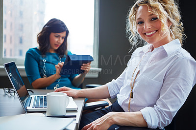 Buy stock photo Portrait of two businesswomen having a meeting together in an office