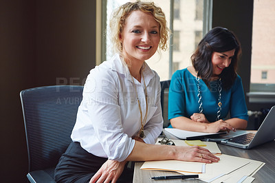 Buy stock photo Portrait of two businesswomen having a meeting together in an office