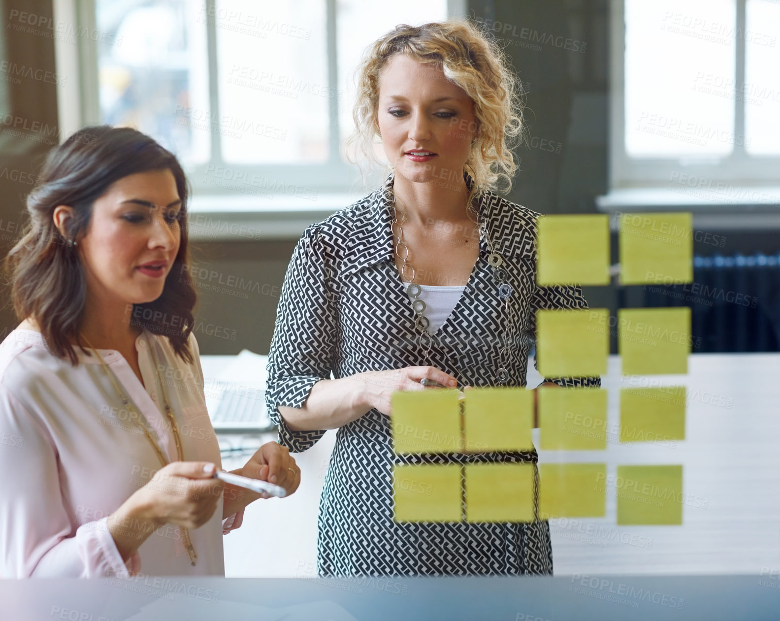Buy stock photo People, meeting or sticky note on glass wall for calendar, project management or task delegation. Marketing team, mindmap or planning in office for workflow, advertising campaign or business timeline