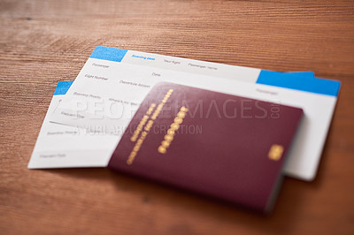 Buy stock photo Travel, ticket and passport in house for adventure, journey or immigration on brown background. Flight, identity and visa for opportunity, vacation and boarding pass documents for airport compliance