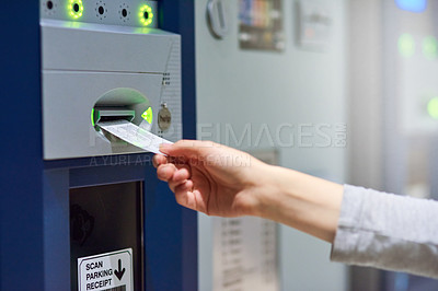 Buy stock photo Parking lot, ticket and hand with meter machine for payment, cost and access for security, safety or garage space compliance. Exit, charge or driver with vehicle permit pass for toll, barrier or fees