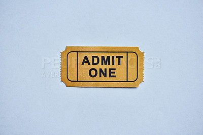 Buy stock photo Cinema, entry and ticket for movie on white background for date night, fun and entertainment. Paper, token and theatre customer proof of payment for film, show or artistic stage performance or event