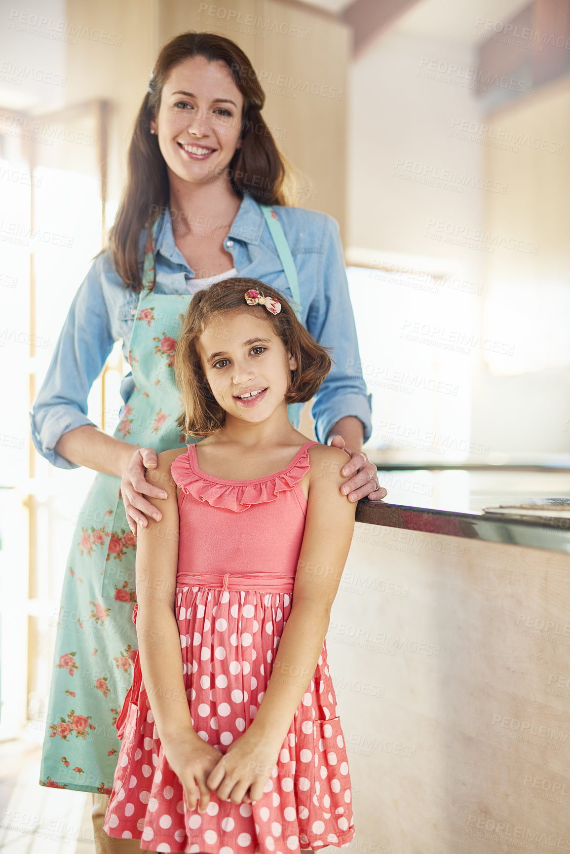Buy stock photo Portrait, mother and girl in kitchen, smile and bonding together with happiness, childhood development and weekend break. Home, family and single parent with mama, daughter and kid with joy and love