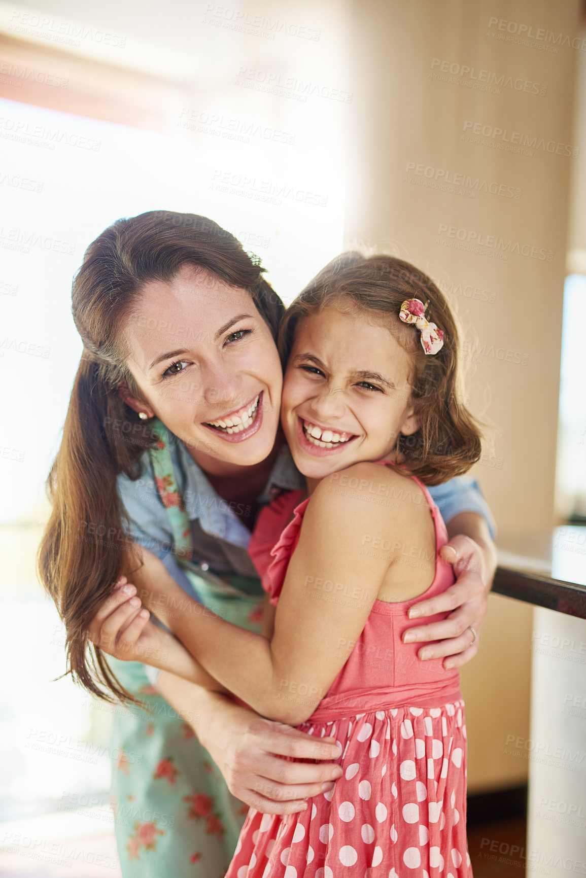 Buy stock photo Portrait, mother or happy girl hug for support in home for care, safety or bonding together to relax. Smile, love or single parent mom with fun kid for security, daughter or child in family house
