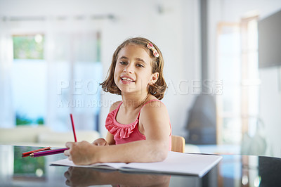 Buy stock photo Child, portrait and drawing art in home or creative project for kindergarten learning, colouring or kitchen counter. Female person, girl and face with pencils for sketching skill, talent or hobby