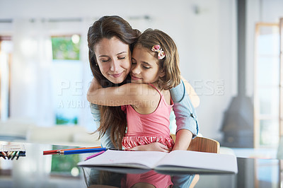 Buy stock photo Mother, child and hug for homework helping in home or creative project, school or education. Woman, daughter and embrace in kitchen for teaching at notebook for tutor support, writing or learning
