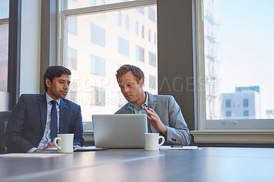 Buy stock photo Men, laptop and office for teamwork discussion, finance and online for budget proposal or profit ideas. Employees, communication and brainstorming for investment, growth opportunity and collaboration