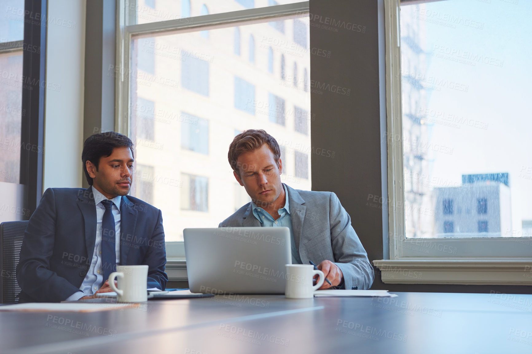 Buy stock photo Men, laptop and office for thinking on solution, finance and online for budget proposal or profit ideas. Employees, meeting and brainstorming for investment, growth opportunity and collaboration