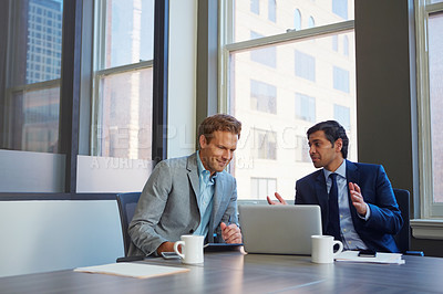 Buy stock photo Men, laptop and office for hiring research, human resources and online for staff growth in boardroom. Employees, communication and brainstorming for recruitment, collaboration and review application