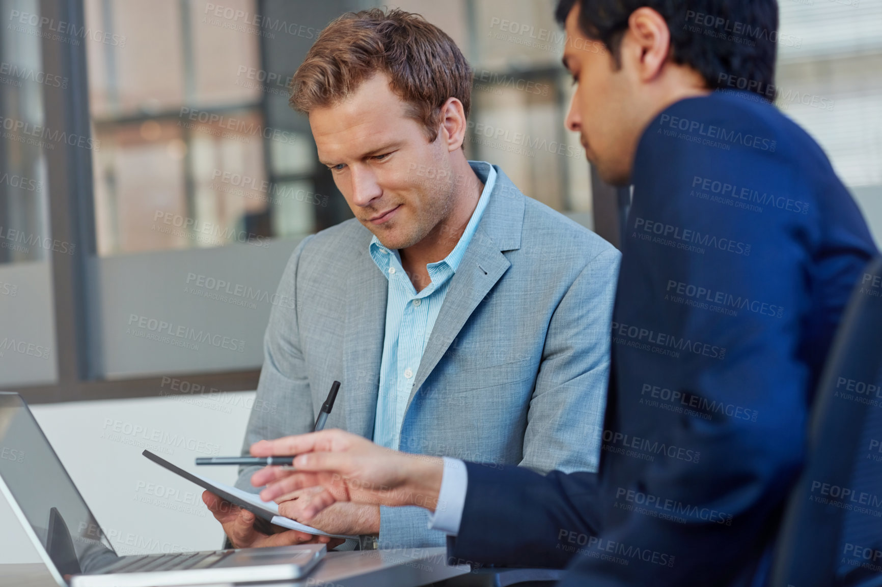 Buy stock photo Laptop, notes and man in office with financial advisor, business plan and collaboration for proposal. Advice, consultant and businessman in meeting for project management, teamwork or online ideas