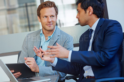 Buy stock photo Laptop, notes and men in office with advice, research and collaboration for business plan proposal. Partnership, advisor and businessman in meeting for project management, teamwork or online ideas