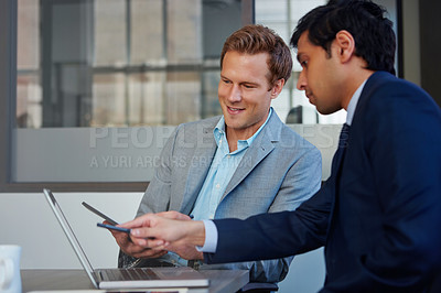 Buy stock photo Laptop, pointing and men in office with advice, research and collaboration for business plan. Consultant, financial advisor and businessman in meeting for project management, teamwork or online ideas