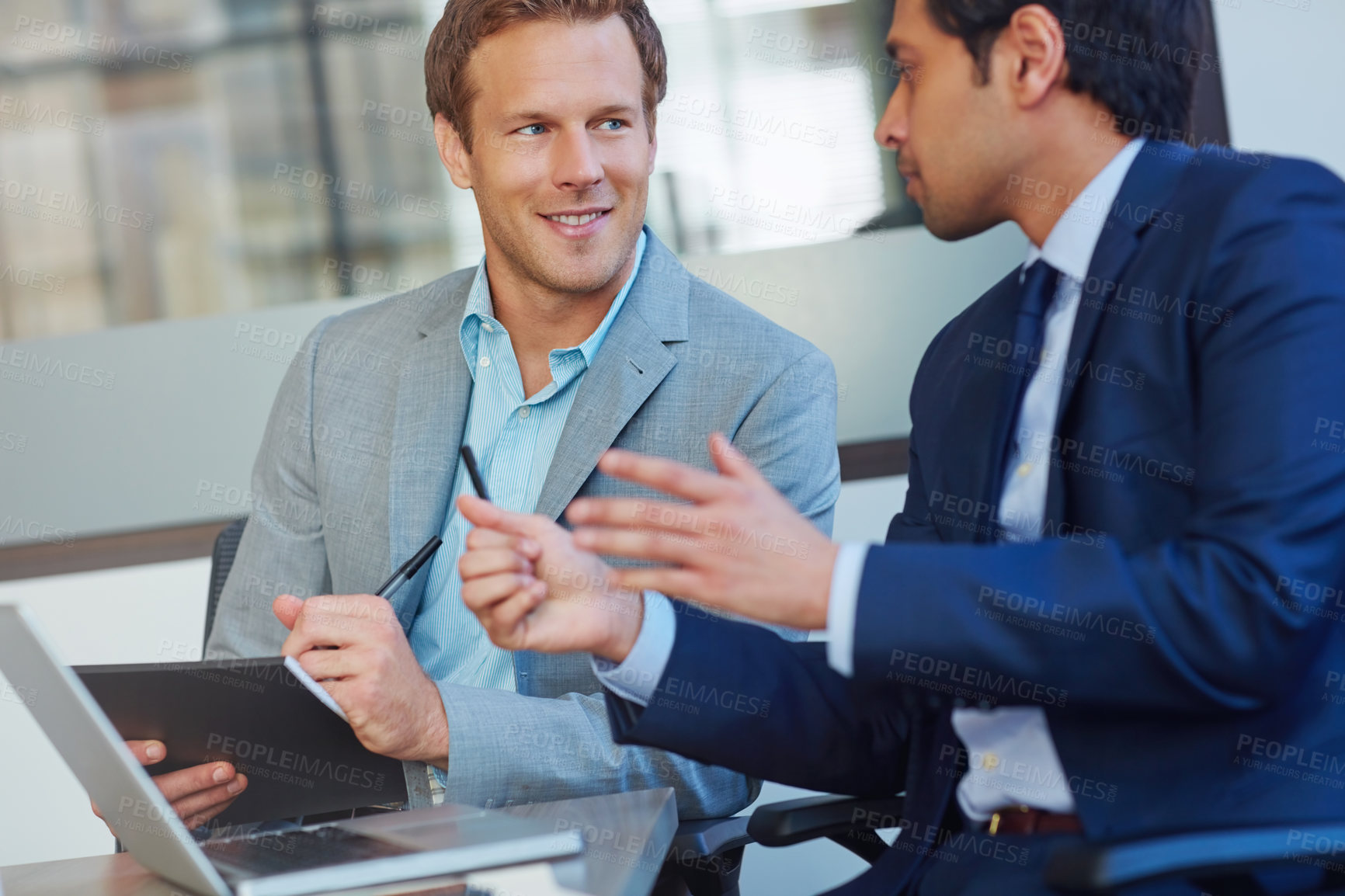 Buy stock photo Men, tablet and office for team research, human resources and online for staff growth in boardroom. Employees, communication and brainstorming for recruitment, collaboration and review application