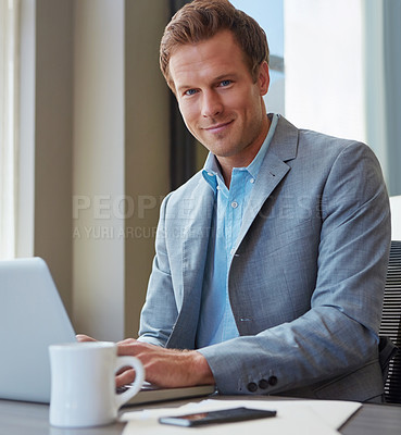 Buy stock photo Cropped portrait of a businessman working in his office