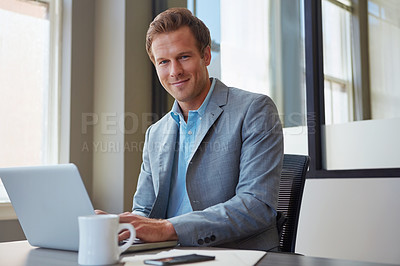 Buy stock photo Cropped portrait of a businessman working in his office