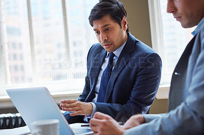 Buy stock photo Laptop, business plan and men in meeting with ideas, research and collaboration for proposal strategy. Consultant, advisor and businessman in office for project management, teamwork or online advice