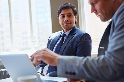 Buy stock photo Laptop, consultant and man in office with discussion, advice and collaboration for business proposal. Website, advisor and businessman in meeting for project management, team planning or online ideas