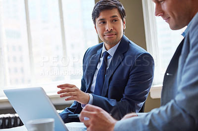 Buy stock photo Laptop, business plan and men in office with ideas, research and collaboration for proposal strategy. Consultant, advisor and businessman in meeting for project management, teamwork or online advice