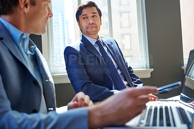 Buy stock photo Men, laptop and office for finance meeting, review and online for budget proposal or profit ideas. Employees, communication and brainstorming for investment, growth opportunity and collaboration