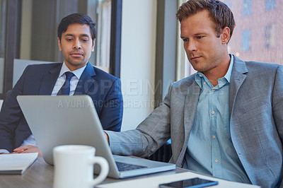 Buy stock photo Men, laptop and office for team accounting, review and online for budget proposal or profit ideas. Employees, communication and brainstorming for investment, growth opportunity and collaboration