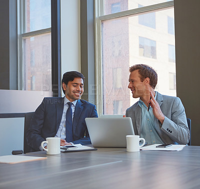 Buy stock photo Men, laptop and office for staff discussion, finance and online for budget proposal or profit ideas. Employees, communication and brainstorming for investment, growth opportunity and collaboration