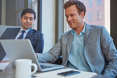 Buy stock photo Men, laptop and office for team brainstorming, finance and online for budget proposal or profit ideas. Employees, meeting and together for investment review, growth opportunity and collaboration