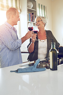 Buy stock photo Toast, wine or happy old couple in kitchen in celebration of marriage anniversary together in retirement at home. Cheers or senior woman drinking or bonding in a house with mature husband at dinner