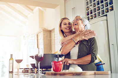 Buy stock photo Hug, mother or happy woman cooking food for a healthy vegan diet together with love in family home. Smile, embrace or adult child hugging or helping senior mom in house kitchen for lunch or dinner 
