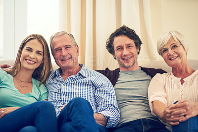 Buy stock photo Cropped portrait of a couple and their elderly parents at home