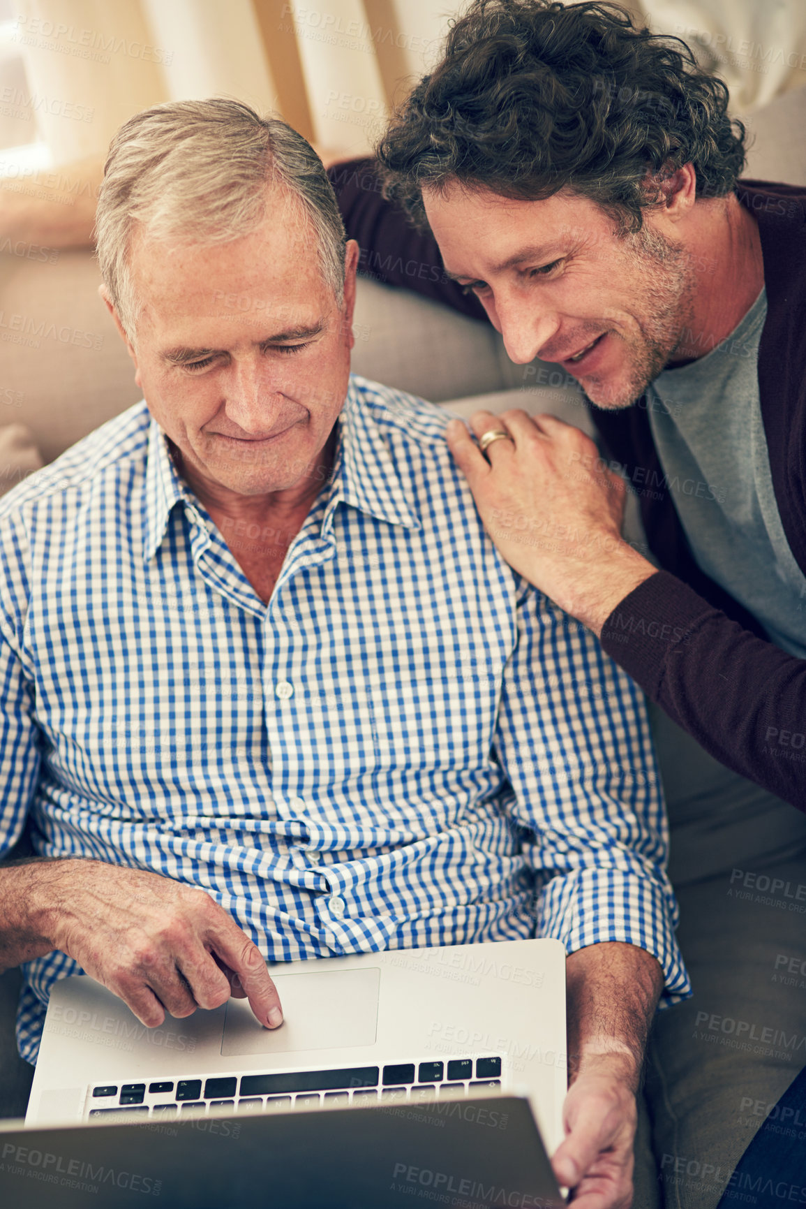Buy stock photo Senior father, son and advice with laptop for internet search, learning and bonding in home. Family, elderly dad and mature man with digital tech for teaching, app guidance and help with social media