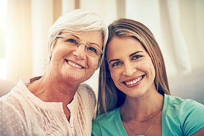 Buy stock photo Portrait of a woman and her elderly mother at home