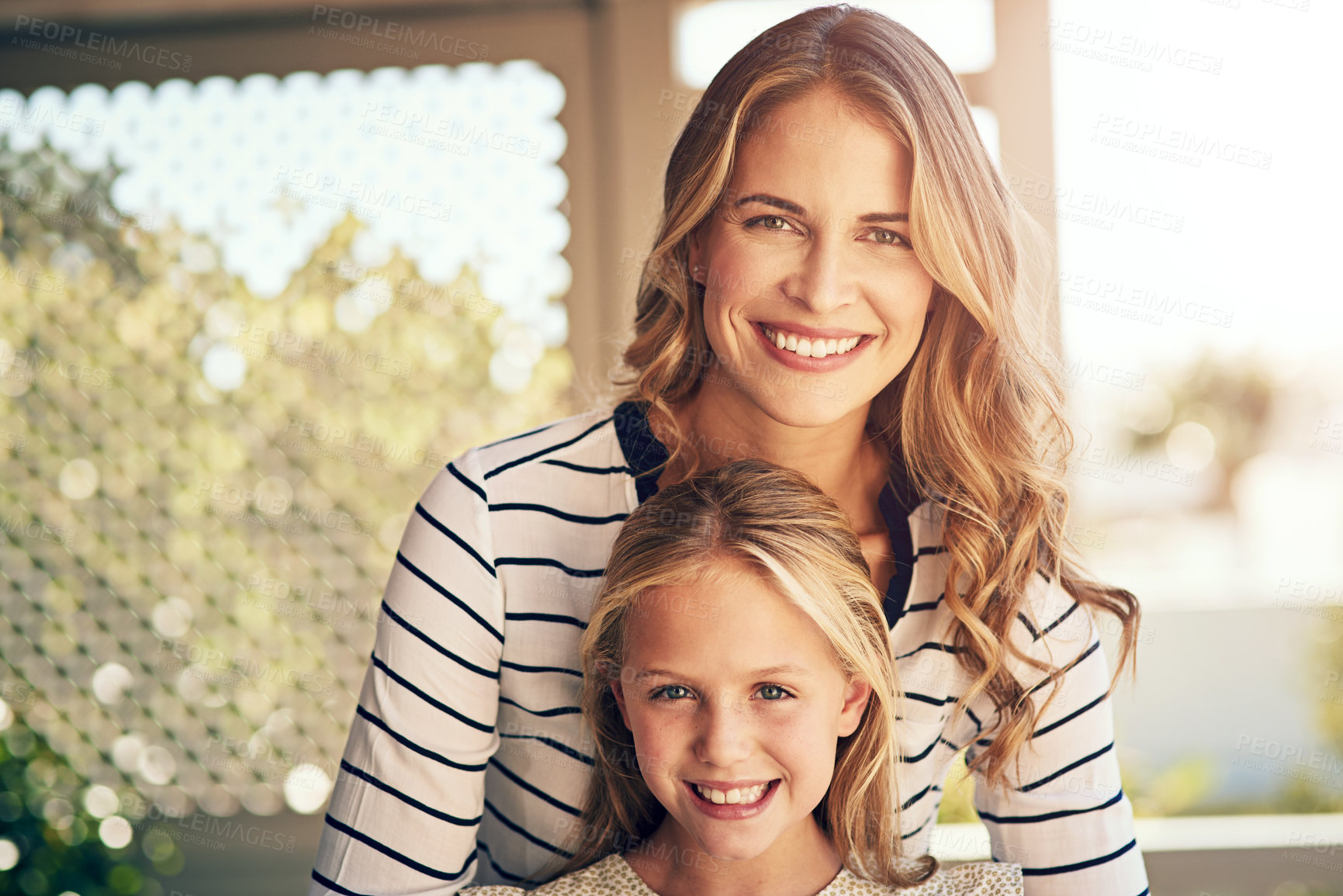 Buy stock photo Portrait, mother and kid with smile at house for love, bonding together and affection of family support. Happy, woman and girl with embrace for care, summer peace and relationship trust in backyard