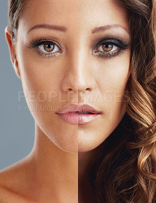 Buy stock photo Composite shot of a woman with and without makeup
