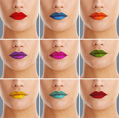 Buy stock photo Composite shot of a woman wearing a variety of colourful lipsticks