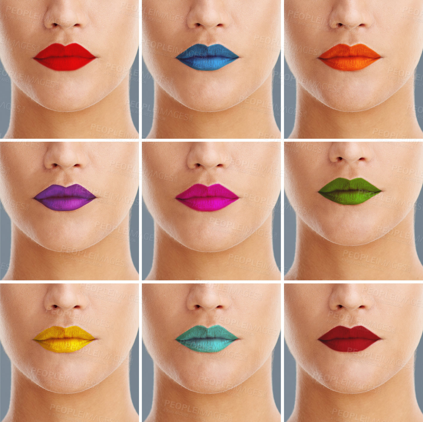Buy stock photo Composite shot of a woman wearing a variety of colourful lipsticks