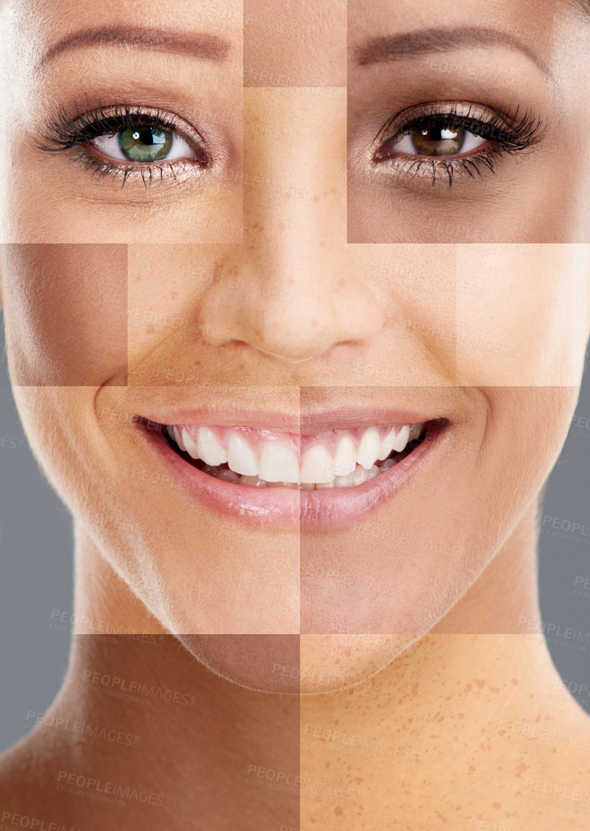 Buy stock photo Portrait, beauty and composite of women for dermatology on grey background in studio. Diversity, smile and skincare with happy young models for salon transformation or cosmetic treatment results