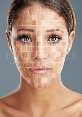 Buy stock photo Portrait, beauty and skincare of woman with glow, makeup and grid pattern overlay. Face, cosmetics and model with acne treatment plan for dermatology, pigmentation and pixel on gray studio background