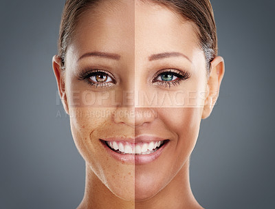 Buy stock photo Composite shot of a woman's face made up of different skintones