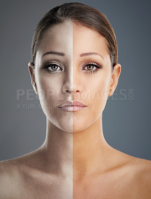 Buy stock photo Composite shot of a woman with and without makeup