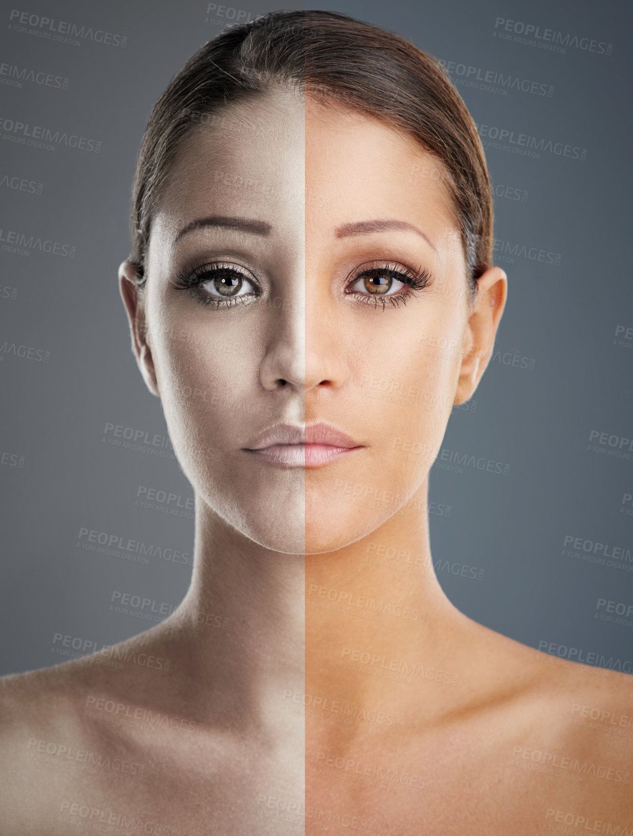 Buy stock photo Comparison, portrait or woman in studio for skincare, makeup or collagen treatment. Person, face or dermal fillers in skin for anti aging, transformation or results of facial on gray background