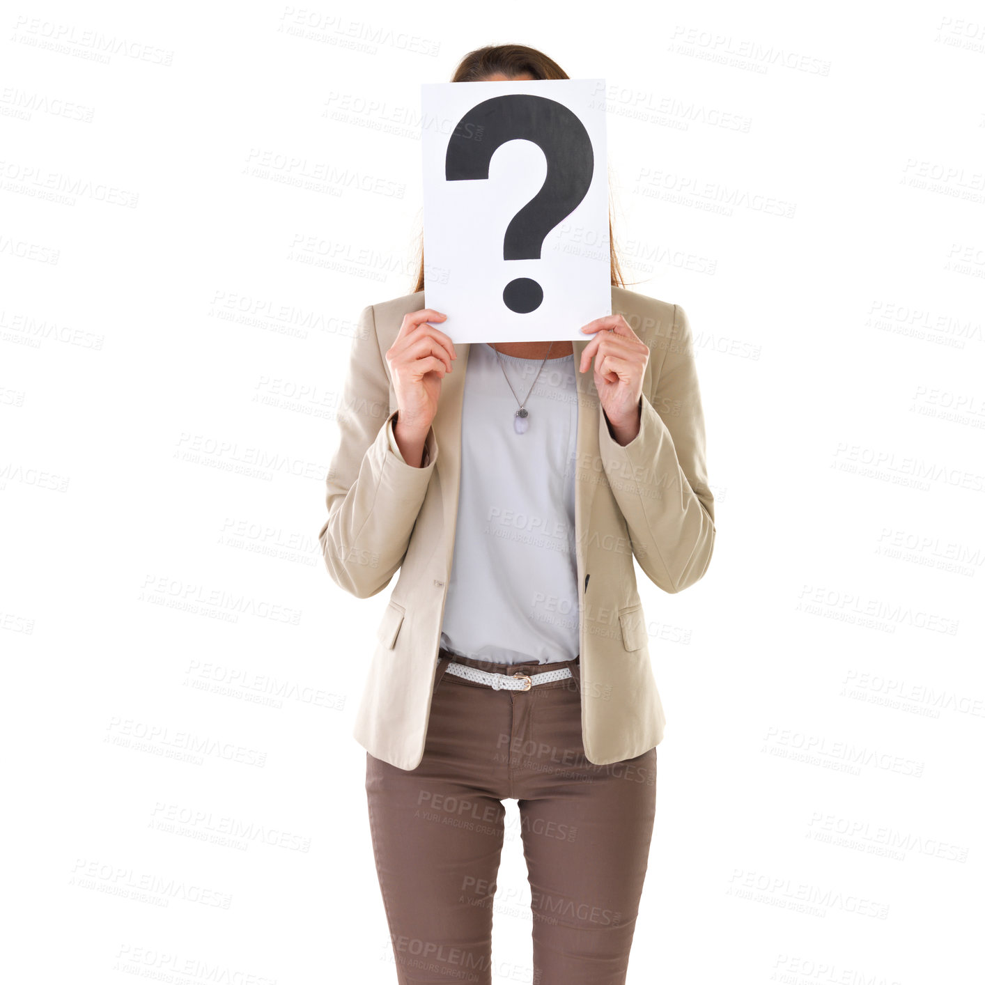 Buy stock photo Business, woman and placard with question mark in studio for about us consultant and help with confusion. Entrepreneur, professional person and poster for FAQ and communication on white background