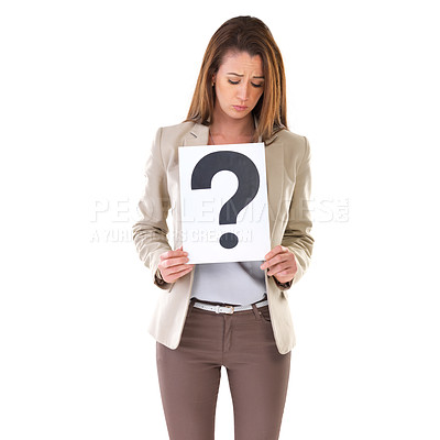 Buy stock photo Business, woman and doubt with paper for question in studio with mockup space, confused and uncertain. Entrepreneur, professional person and poster for FAQ or problem solving face on white background
