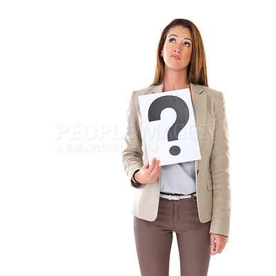 Buy stock photo Business, woman and confused with paper for question in studio with mockup space, doubt and uncertain. Entrepreneur, professional person and poster for FAQ or problem solving face on white background