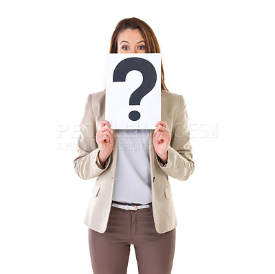 Buy stock photo Studio shot of a young businesswoman holding a placard with a question mark on it