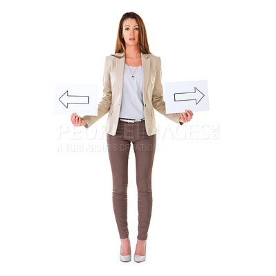 Buy stock photo Portrait, business and woman with arrows, poster and professional isolated on white studio background. Face, person and consultant with placard, left and right with choice and direction with option