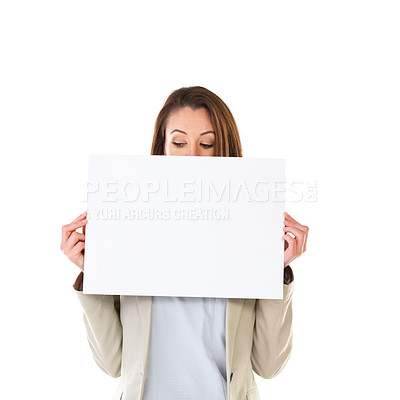 Buy stock photo Woman, poster and advertising with mockup for branding, product placement and marketing on studio background. Banner, blank or billboard sign by female person for display, announcement or design