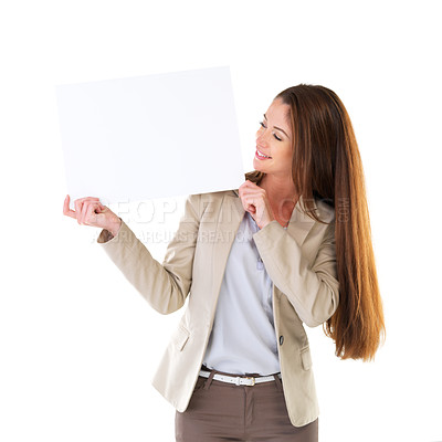 Buy stock photo Businesswoman, poster and advertising with mockup for marketing, product placement or branding on studio. Copywriter, blank or billboard sign by female person for display, announcement or information