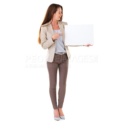Buy stock photo Woman, advertising and pointing at poster with mockup for marketing, product placement or branding in studio. Copywriter, blank or billboard sign by female person for display, news or information