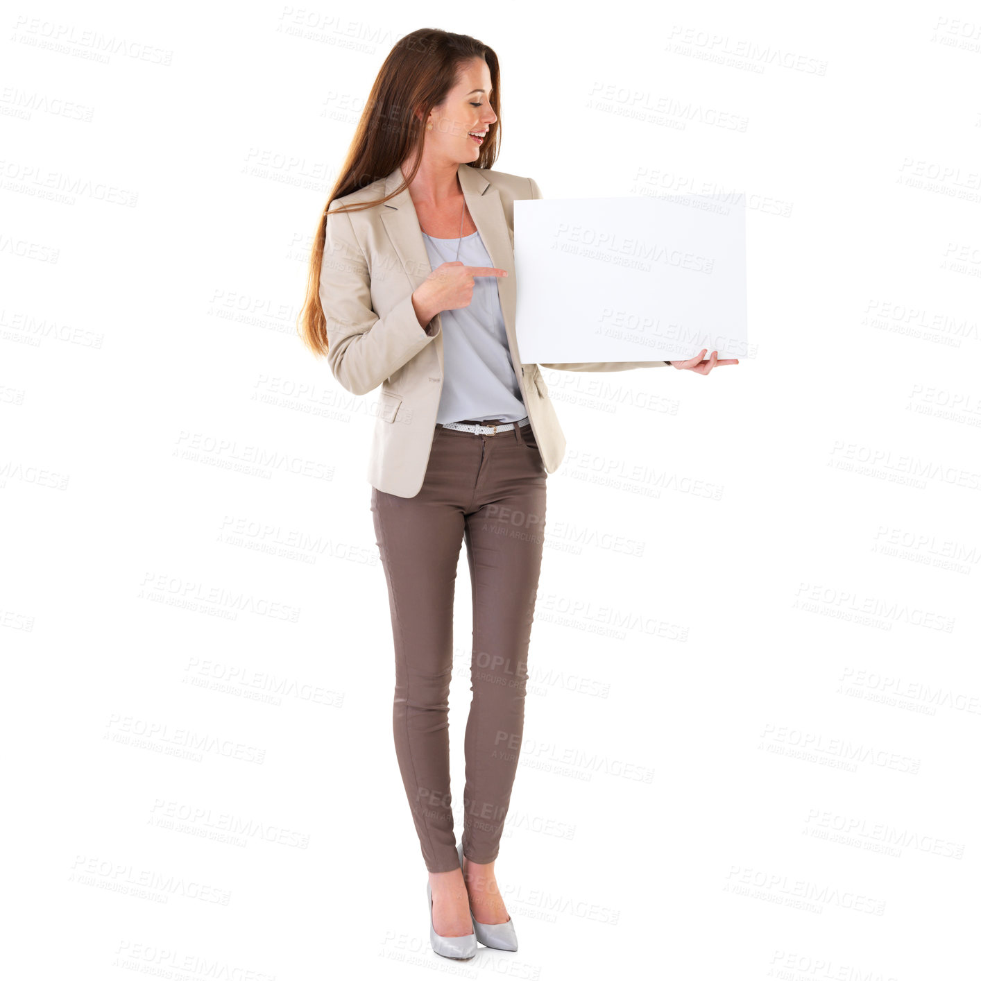 Buy stock photo Woman, advertising and pointing at poster with mockup for marketing, product placement or branding in studio. Copywriter, blank or billboard sign by female person for display, news or information