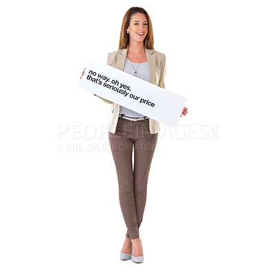 Buy stock photo Studio, business and advertising board with woman, information and marketing sale for customer. Poster, discount and promotion card for good price, white background for billboard and retail sign